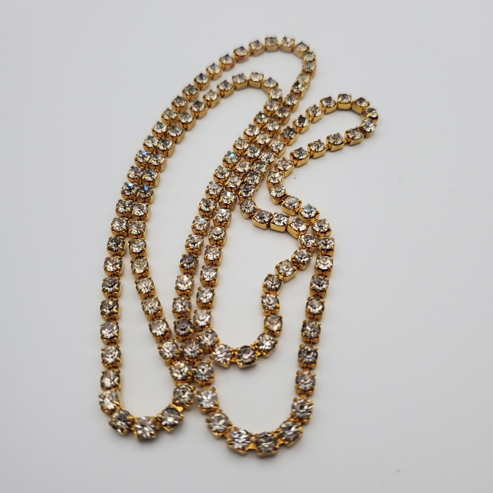 Long Crystal Rhinestones Necklace w/ Gold Tone Setting Weighty Quality 30"